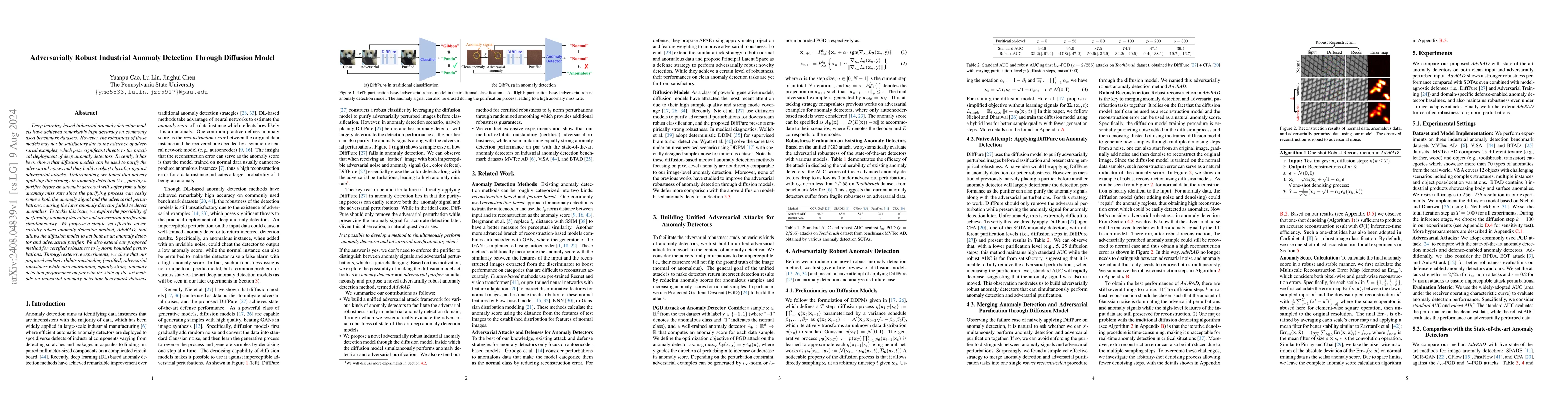 Thumbnail for Adversarially Robust Industrial Anomaly Detection Through Diffusion
  Model