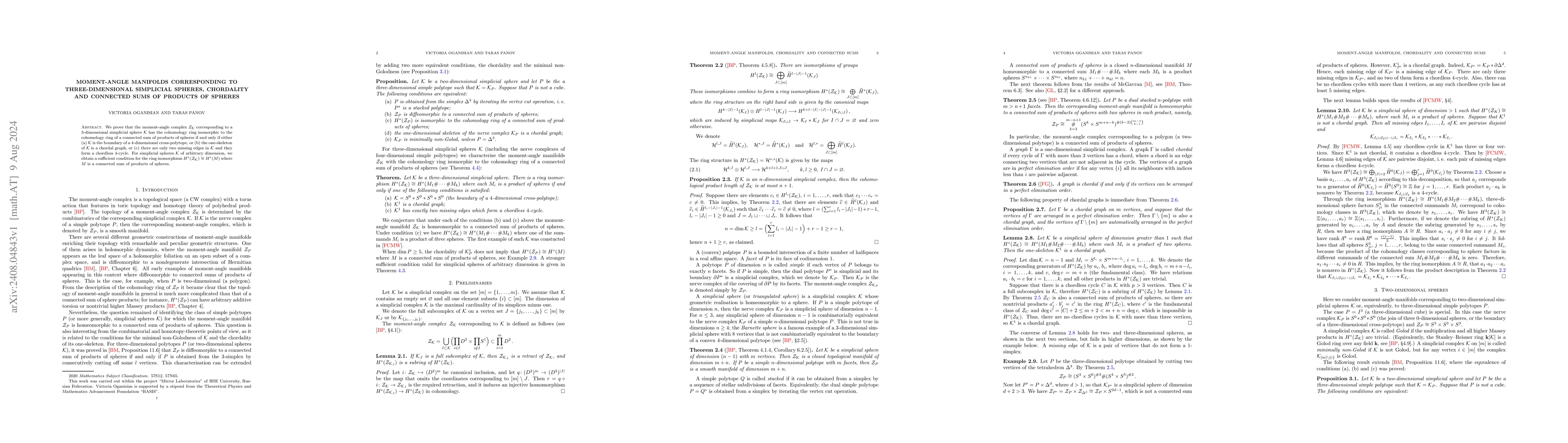 Thumbnail for Moment-angle manifolds corresponding to three-dimensional simplicial
  spheres, chordality and connected sums of products of spheres