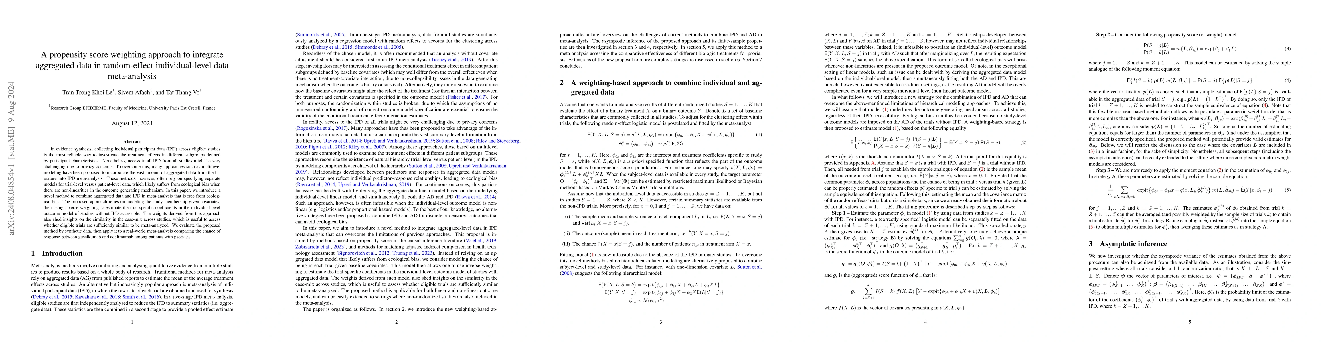 Thumbnail for A propensity score weighting approach to integrate aggregated data in
  random-effect individual-level data meta-analysis