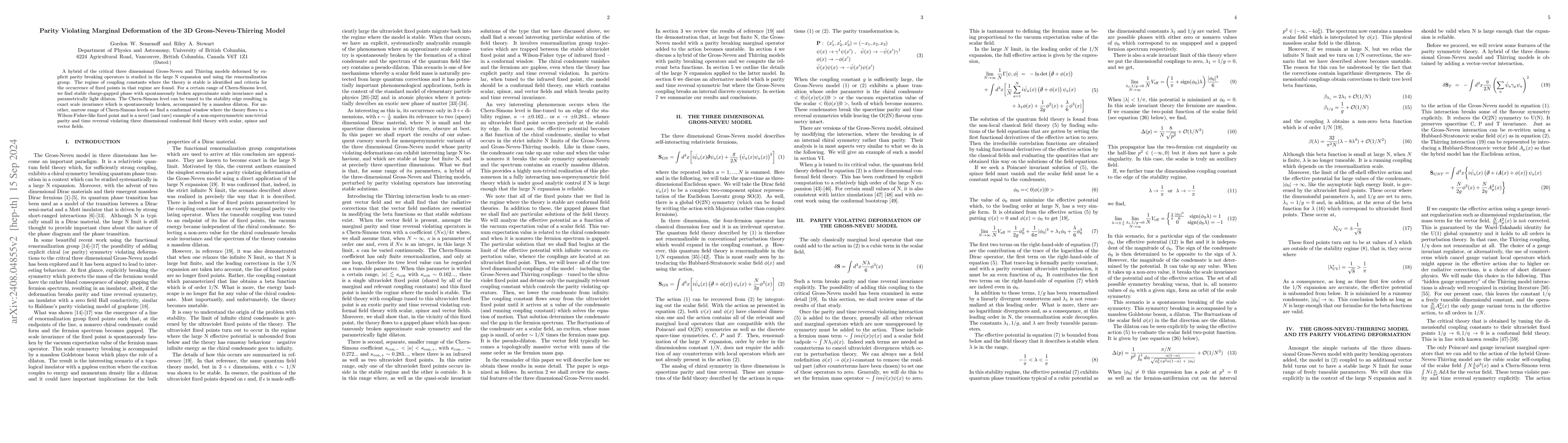 Thumbnail for Parity Violating Marginal Deformation of the 3D Gross-Neveu-Thirring
  Model