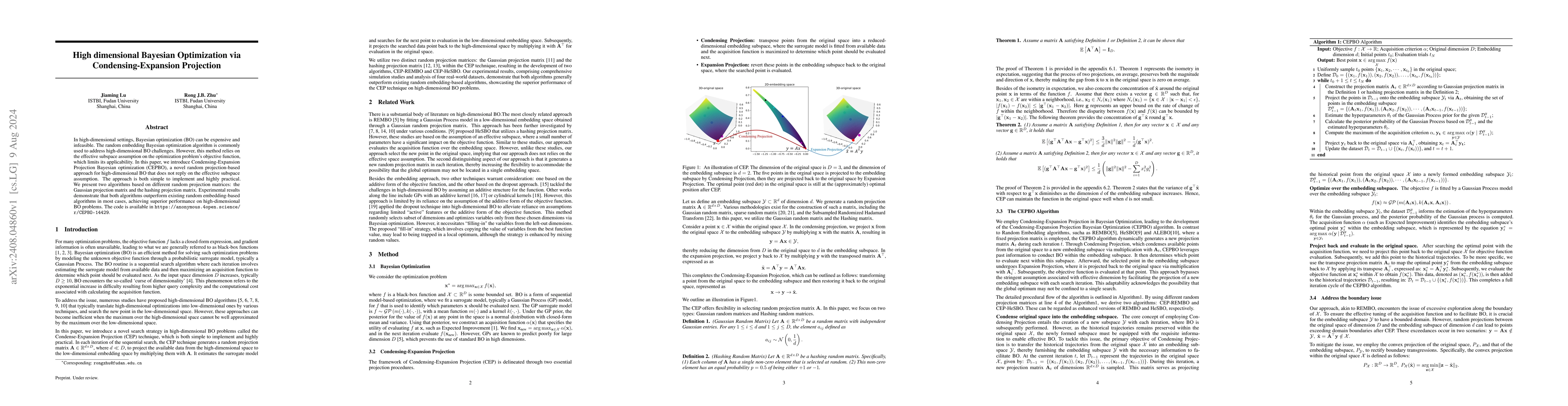 Thumbnail for High dimensional Bayesian Optimization via Condensing-Expansion
  Projection