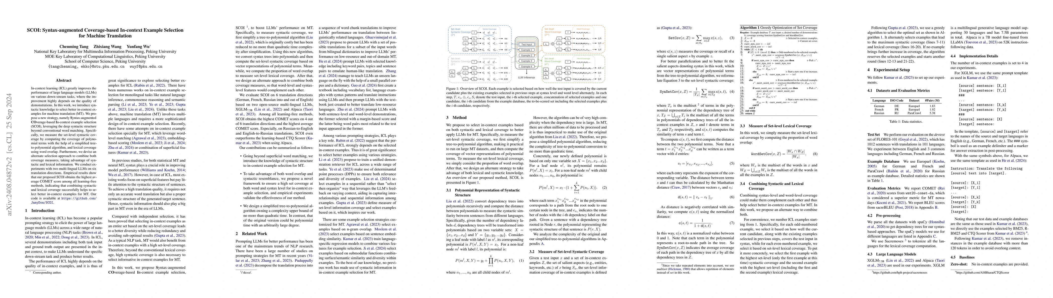 Thumbnail for SCOI: Syntax-augmented Coverage-based In-context Example Selection for
  Machine Translation