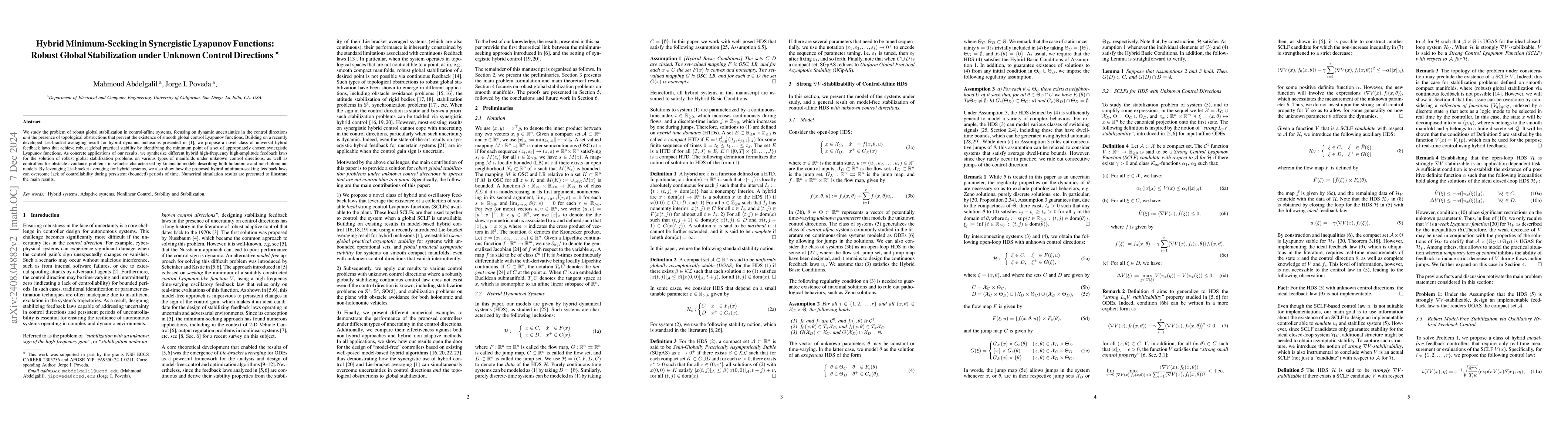 Thumbnail for Hybrid Minimum-Seeking in Synergistic Lyapunov Functions: Robust Global
  Stabilization under Unknown Control Directions