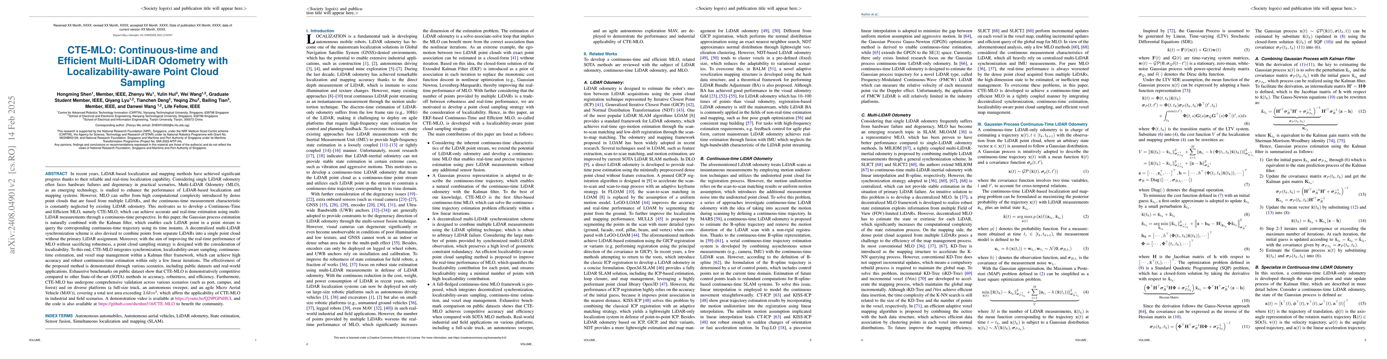 Thumbnail for CTE-MLO: Continuous-time and Efficient Multi-LiDAR Odometry with
  Localizability-aware Point Cloud Sampling