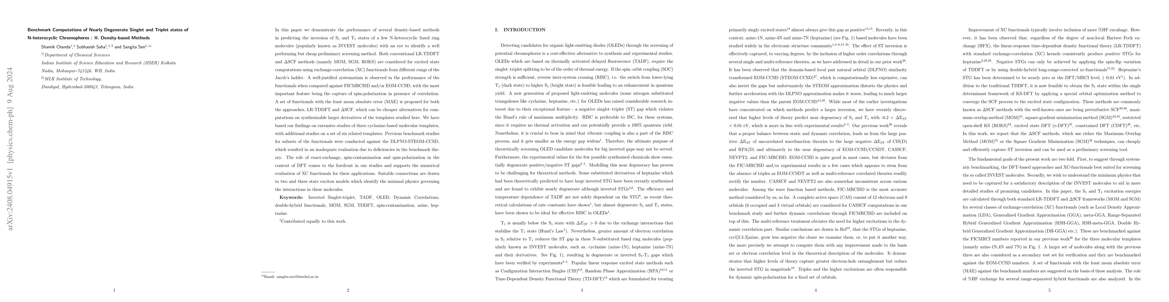 Thumbnail for Benchmark Computations of Nearly Degenerate Singlet and Triplet states
  of N-heterocyclic Chromophores : II. Density-based Methods