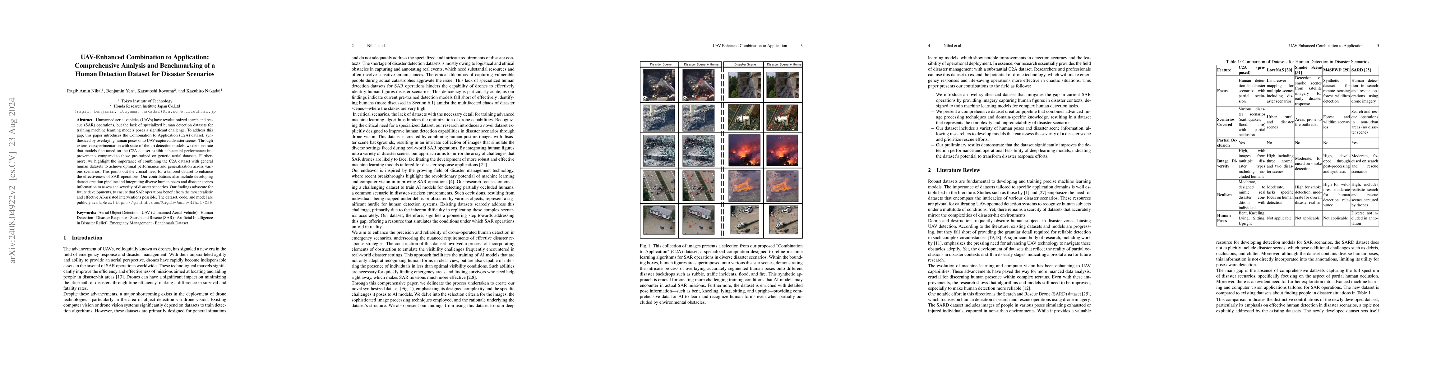 Thumbnail for UAV-Enhanced Combination to Application: Comprehensive Analysis and
  Benchmarking of a Human Detection Dataset for Disaster Scenarios