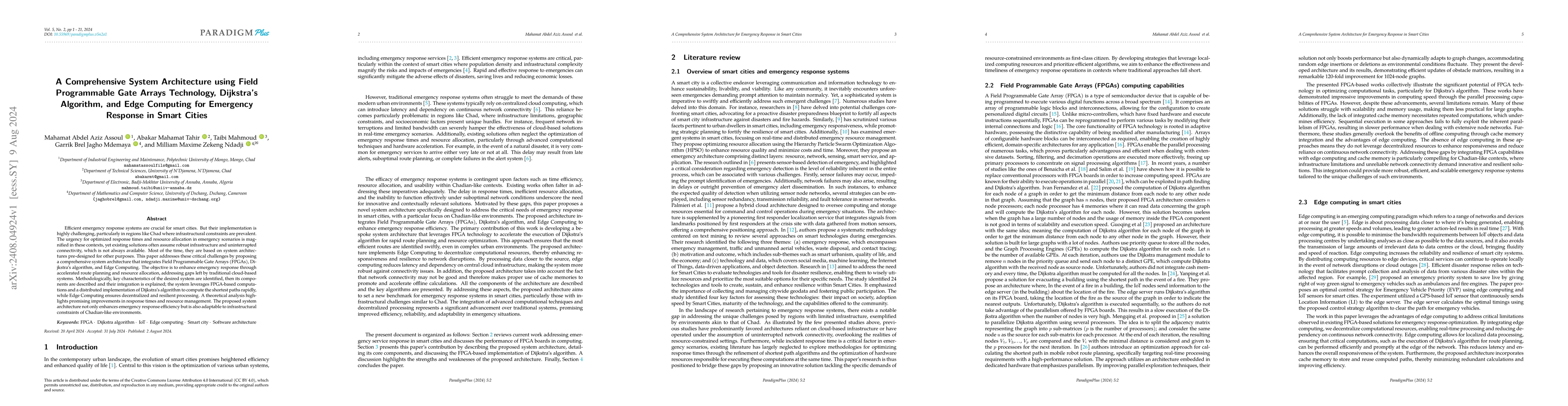 Thumbnail for A Comprehensive System Architecture using Field Programmable Gate Arrays
  Technology, Dijkstra's Algorithm, and Edge Computing for Emergency Response
  in Smart Cities