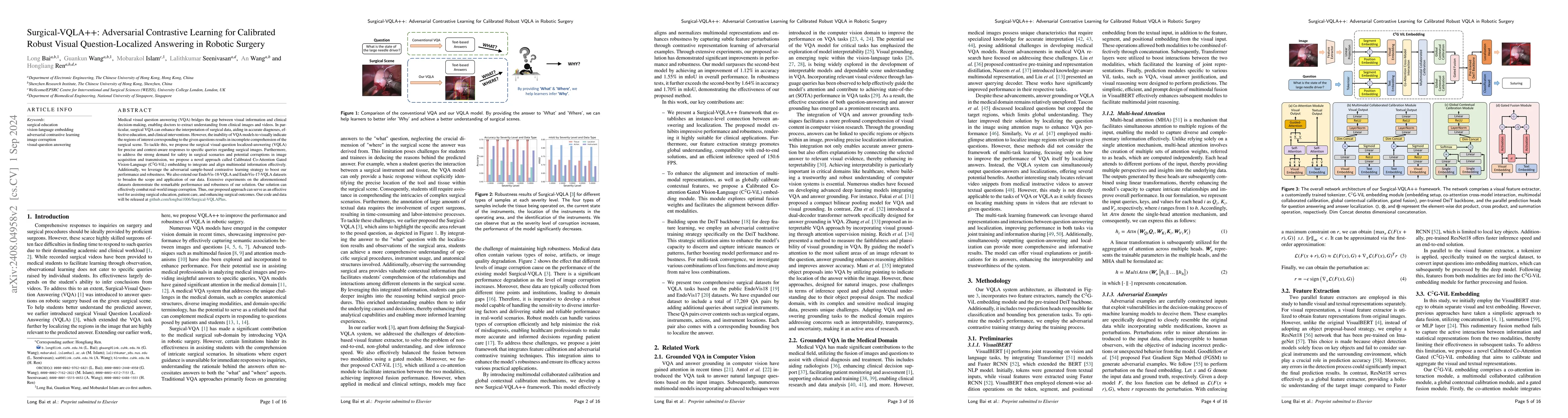 Thumbnail for Surgical-VQLA++: Adversarial Contrastive Learning for Calibrated Robust
  Visual Question-Localized Answering in Robotic Surgery