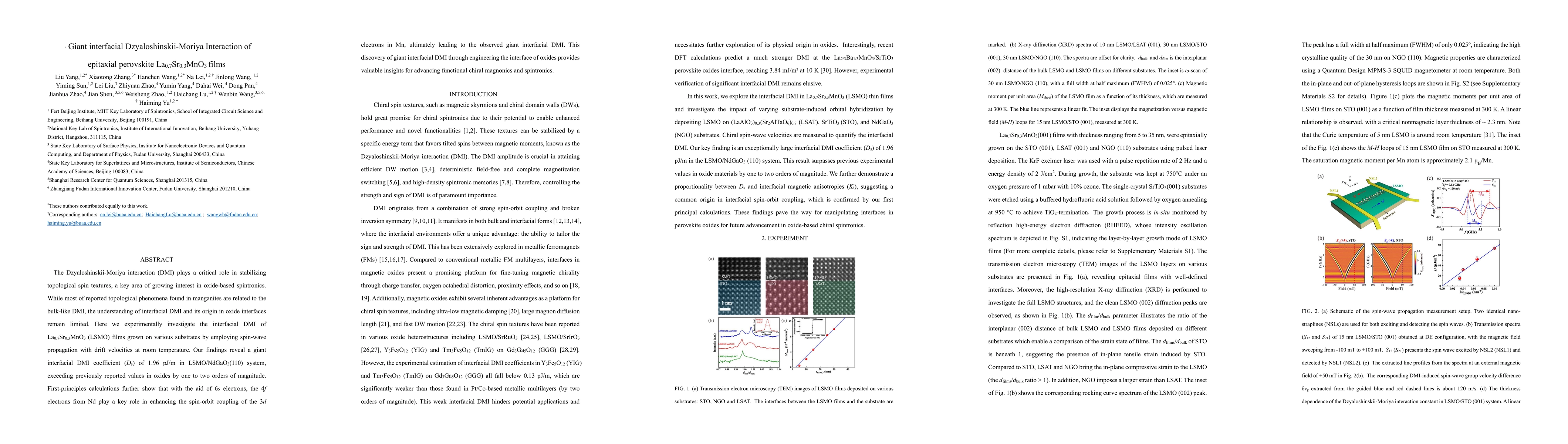 Thumbnail for Giant interfacial Dzyaloshinskii-Moriya Interaction in perovskite
  La_{0.7}Sr_{0.3}MnO_{3} films