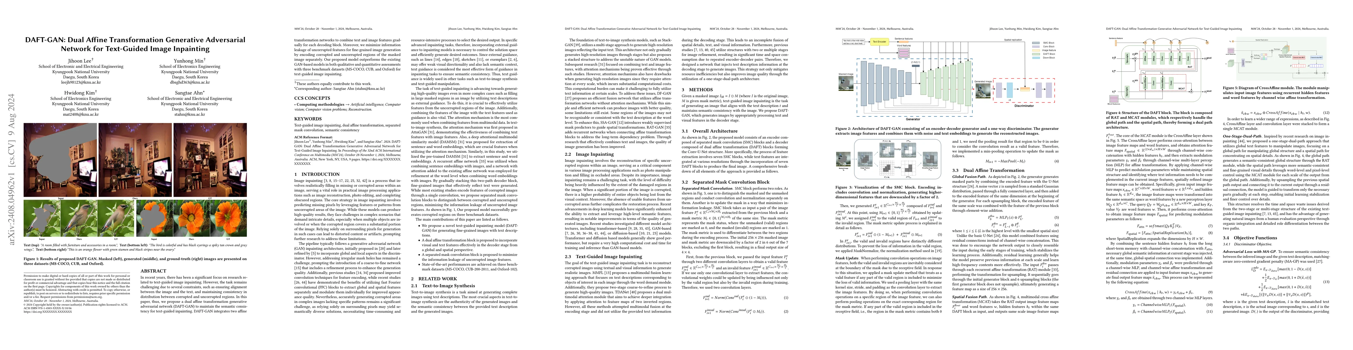 Thumbnail for DAFT-GAN: Dual Affine Transformation Generative Adversarial Network for
  Text-Guided Image Inpainting