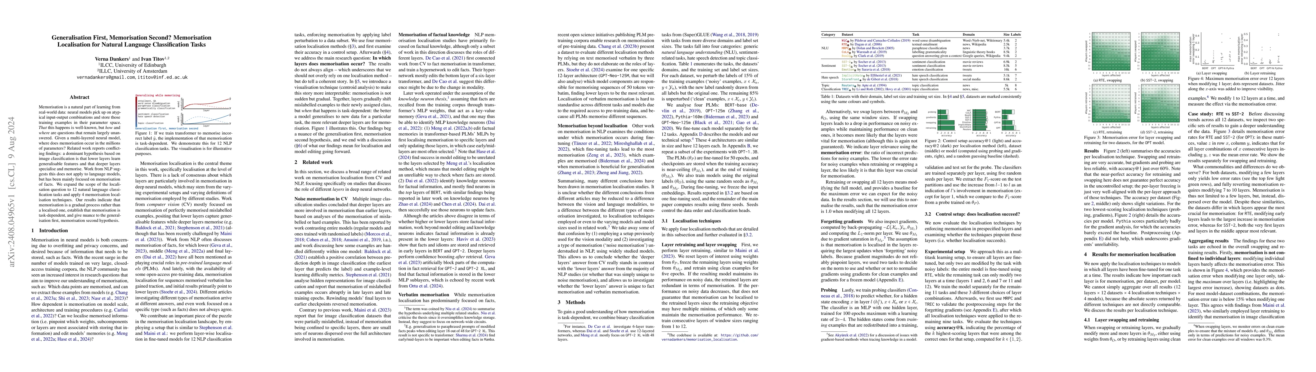 Thumbnail for Generalisation First, Memorisation Second? Memorisation Localisation for
  Natural Language Classification Tasks