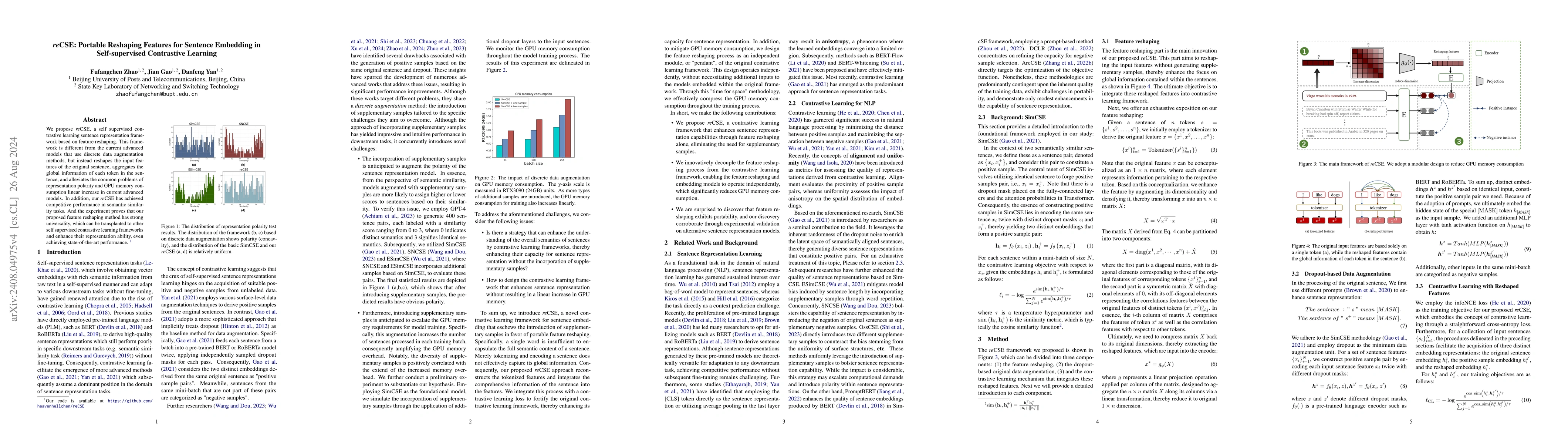 Thumbnail for \textit{re}CSE: Portable Reshaping Features for Sentence Embedding in
  Self-supervised Contrastive Learning