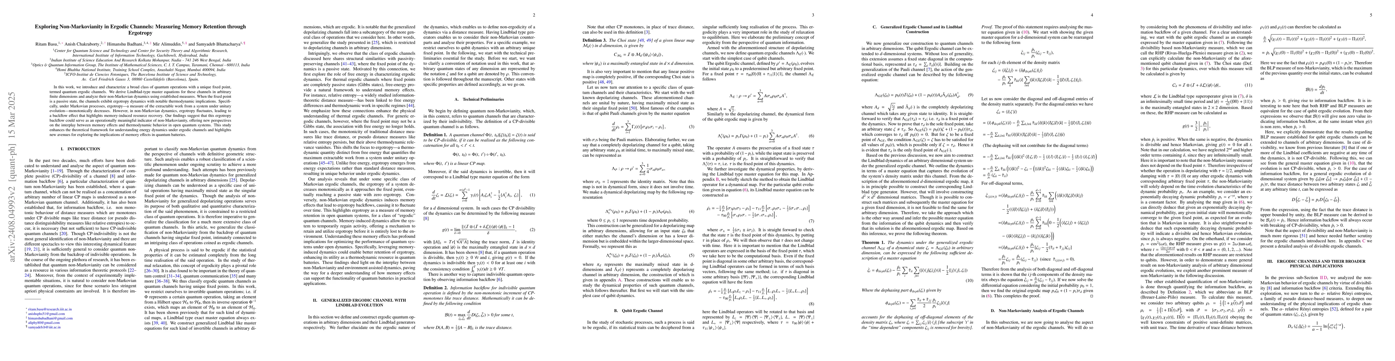 Thumbnail for Exploring Non-Markovianity in Ergodic Channels: Measuring Memory
  Retention through Ergotropy