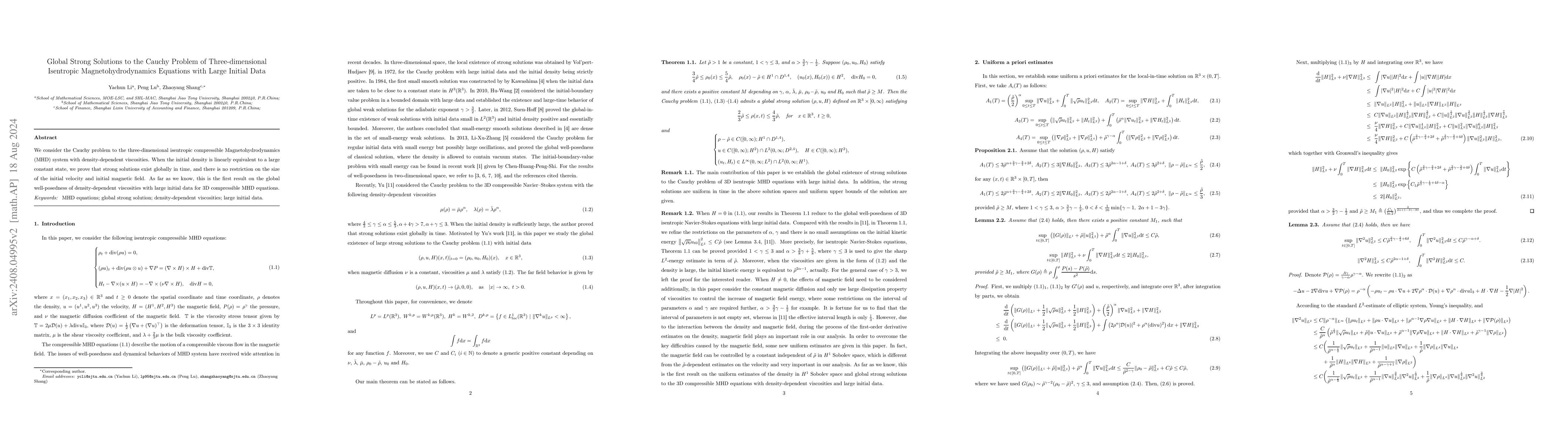 Thumbnail for Global Strong Solutions to the Cauchy Problem of Three-dimensional
  Isentropic Magnetohydrodynamics Equations with Large Initial Data