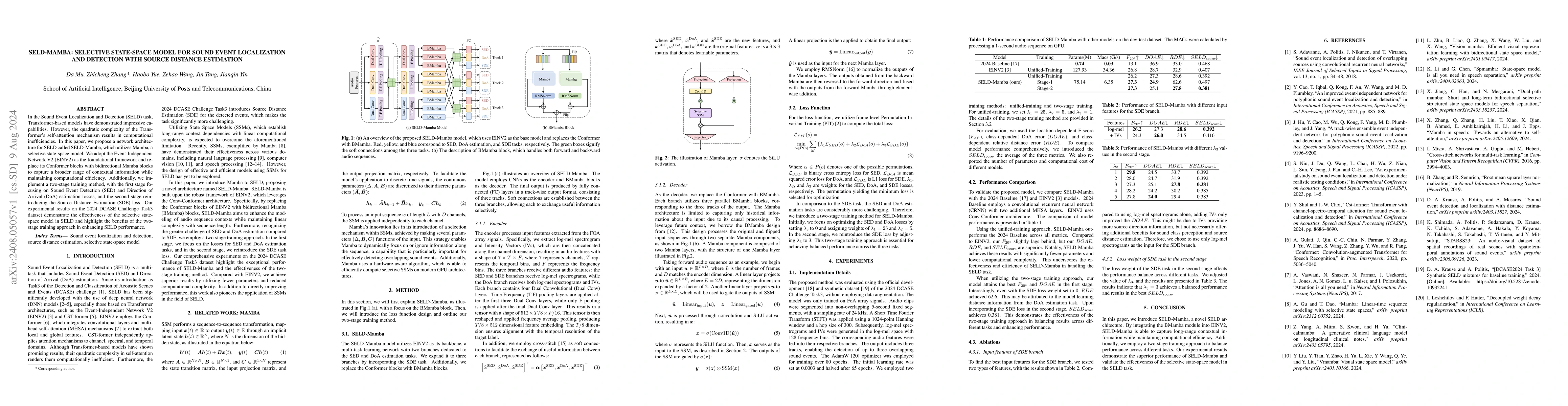 Thumbnail for SELD-Mamba: Selective State-Space Model for Sound Event Localization and
  Detection with Source Distance Estimation