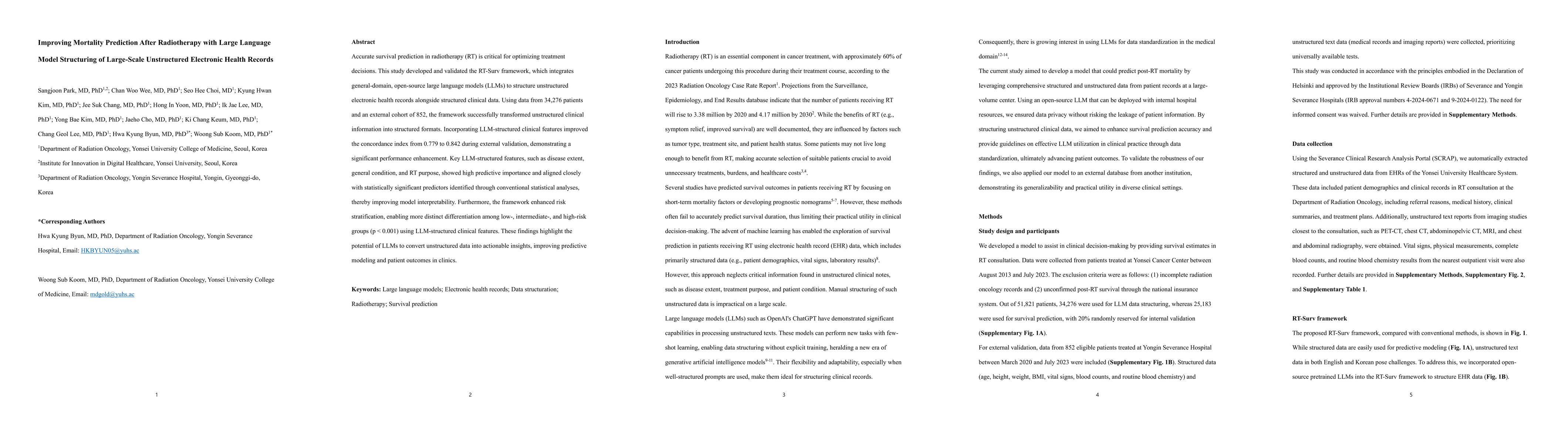 Thumbnail for RT-Surv: Improving Mortality Prediction After Radiotherapy with Large
  Language Model Structuring of Large-Scale Unstructured Electronic Health
  Records