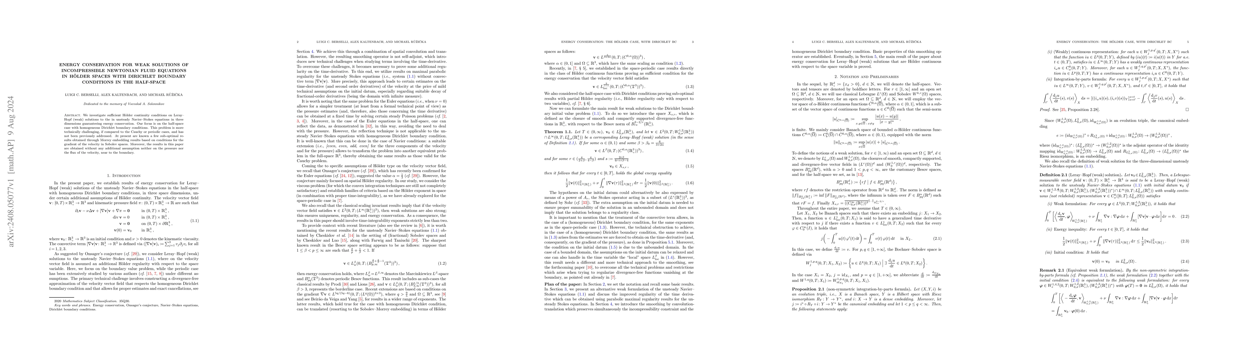 Thumbnail for Energy conservation for weak solutions of incompressible Newtonian fluid
  equations in Hölder spaces with Dirichlet boundary conditions in the
  half-space
