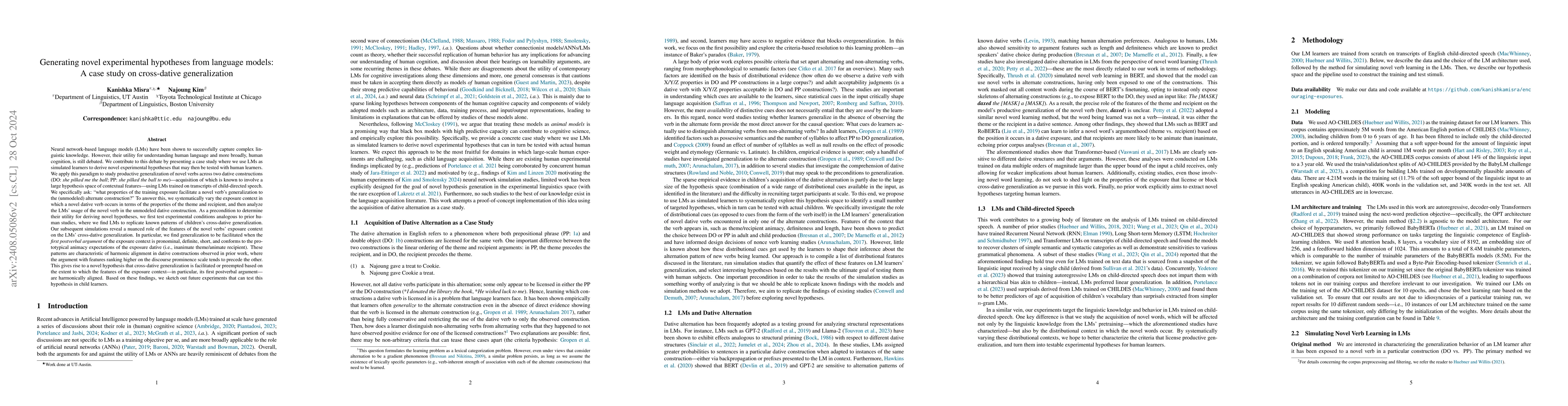 Thumbnail for Generating novel experimental hypotheses from language models: A case
  study on cross-dative generalization