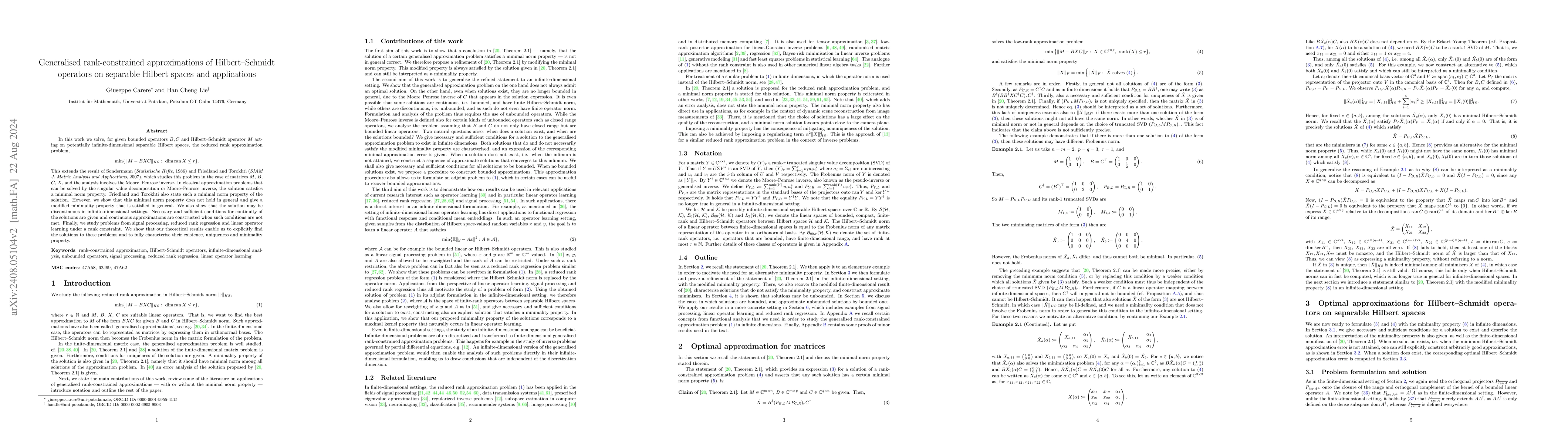 Thumbnail for Generalised rank-constrained approximations of Hilbert-Schmidt operators
  on separable Hilbert spaces and applications
