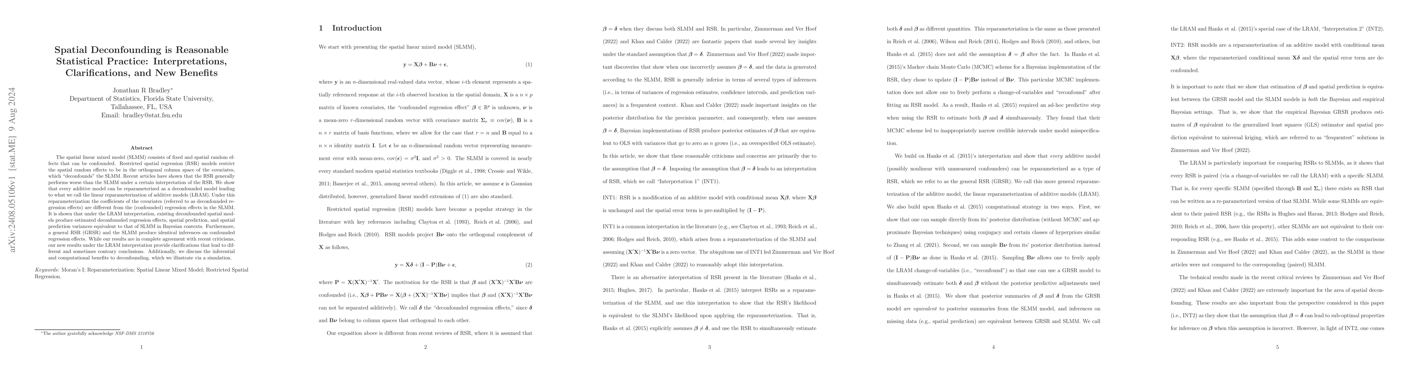 Thumbnail for Spatial Deconfounding is Reasonable Statistical Practice:
  Interpretations, Clarifications, and New Benefits