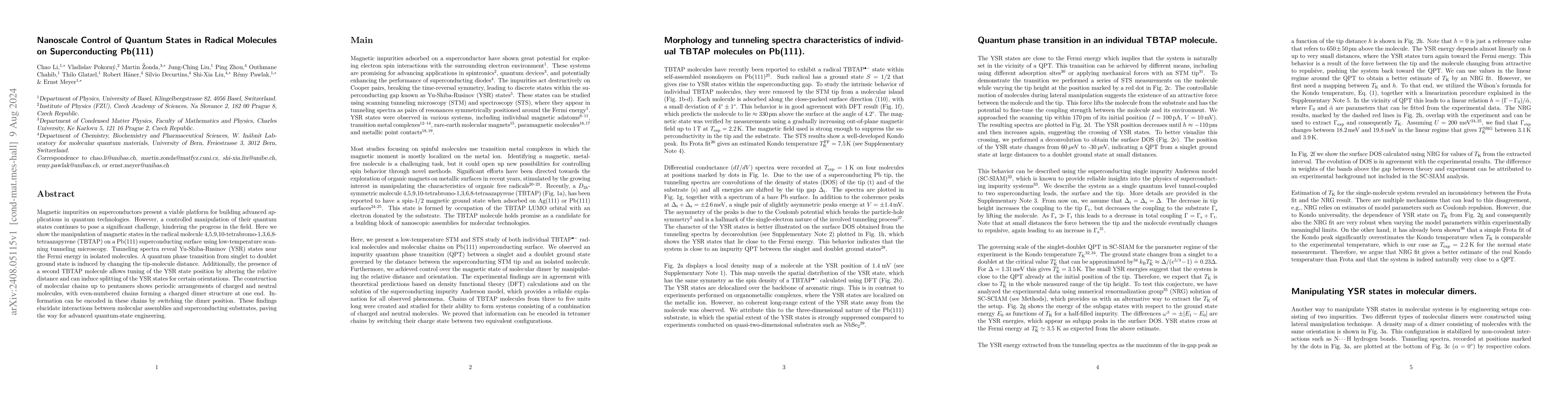 Thumbnail for Nanoscale Control of Quantum States in Radical Molecules on
  Superconducting Pb(111)