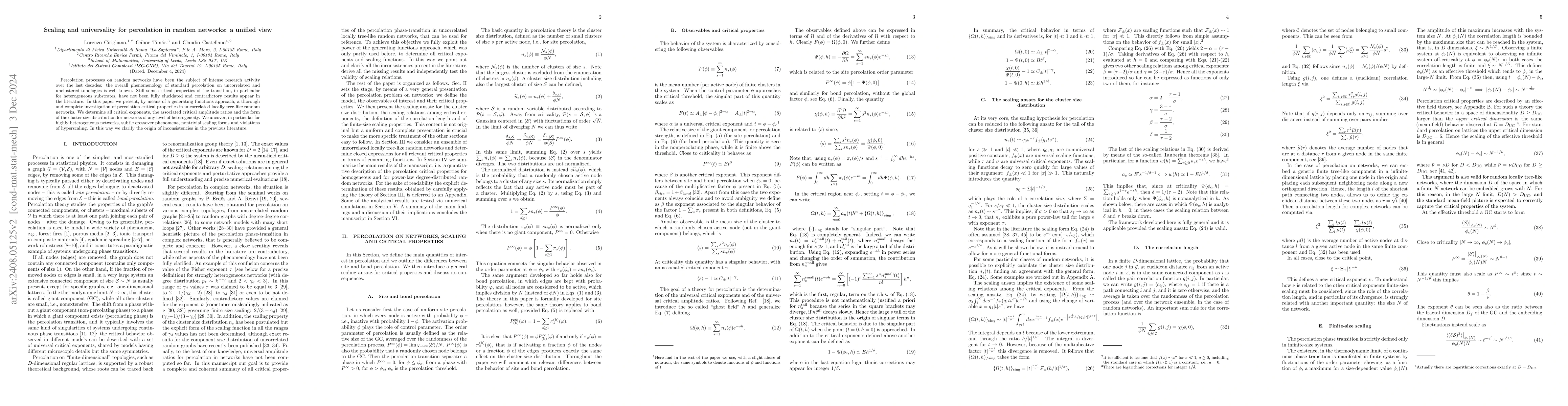 Thumbnail for Scaling and universality for percolation in random networks: A unified
  view