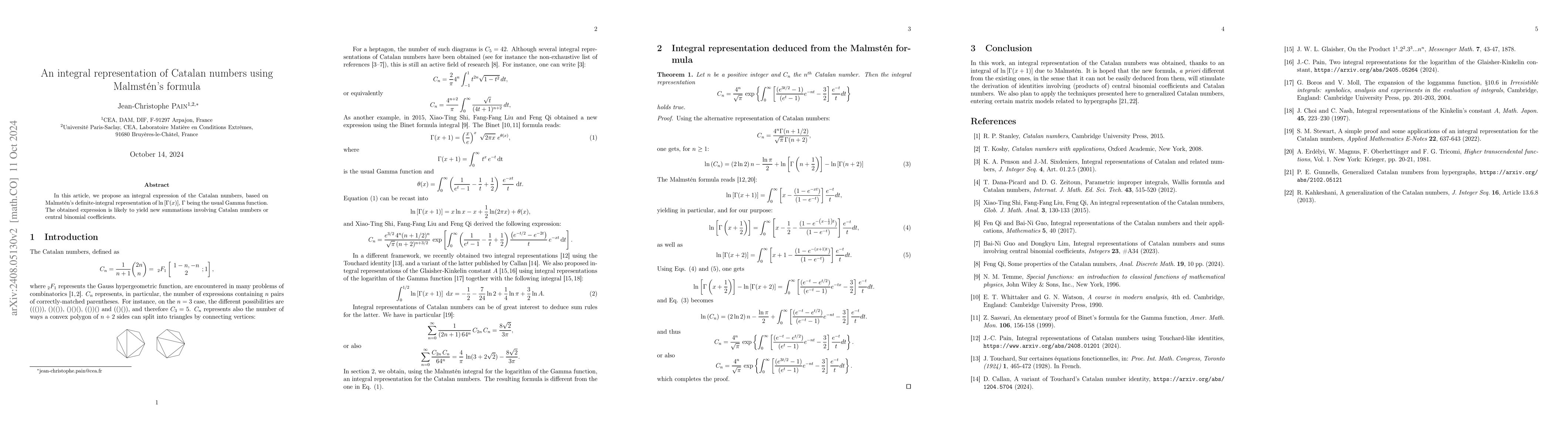 Thumbnail for An integral representation of Catalan numbers using MalmstĂŠn's formula