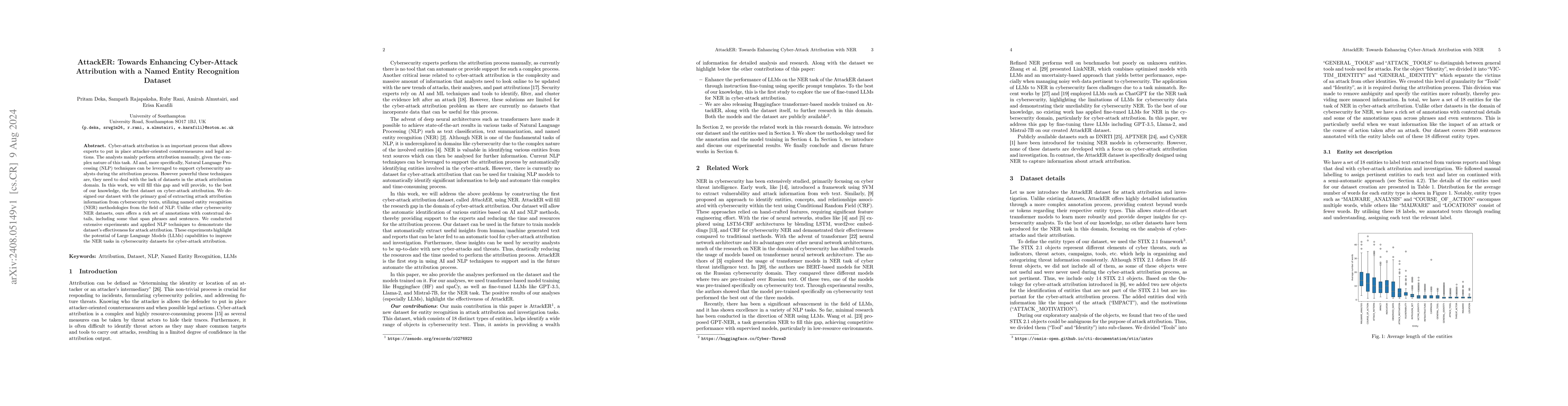Thumbnail for AttackER: Towards Enhancing Cyber-Attack Attribution with a Named Entity
  Recognition Dataset