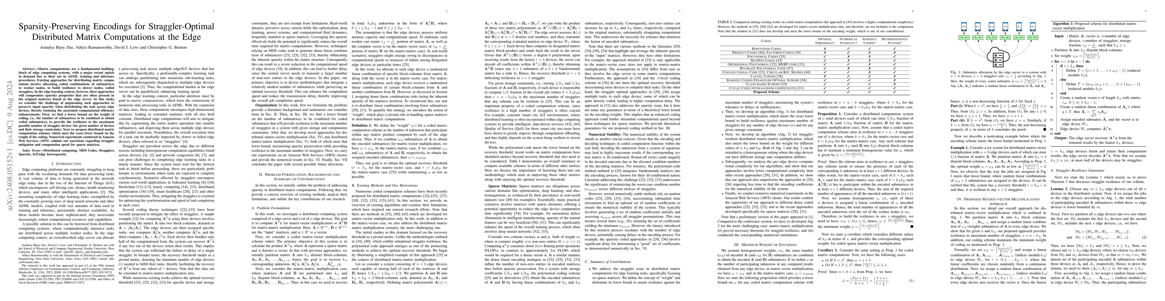 Thumbnail for Sparsity-Preserving Encodings for Straggler-Optimal Distributed Matrix
  Computations at the Edge