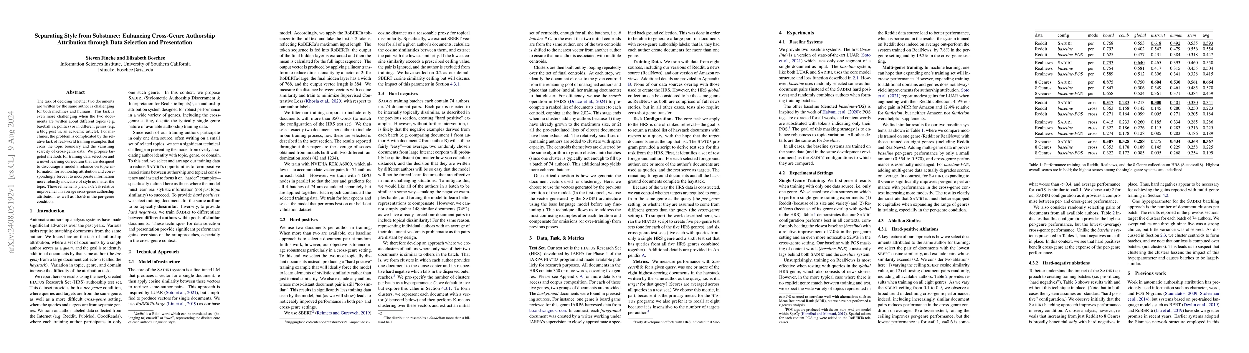 Thumbnail for Separating Style from Substance: Enhancing Cross-Genre Authorship
  Attribution through Data Selection and Presentation