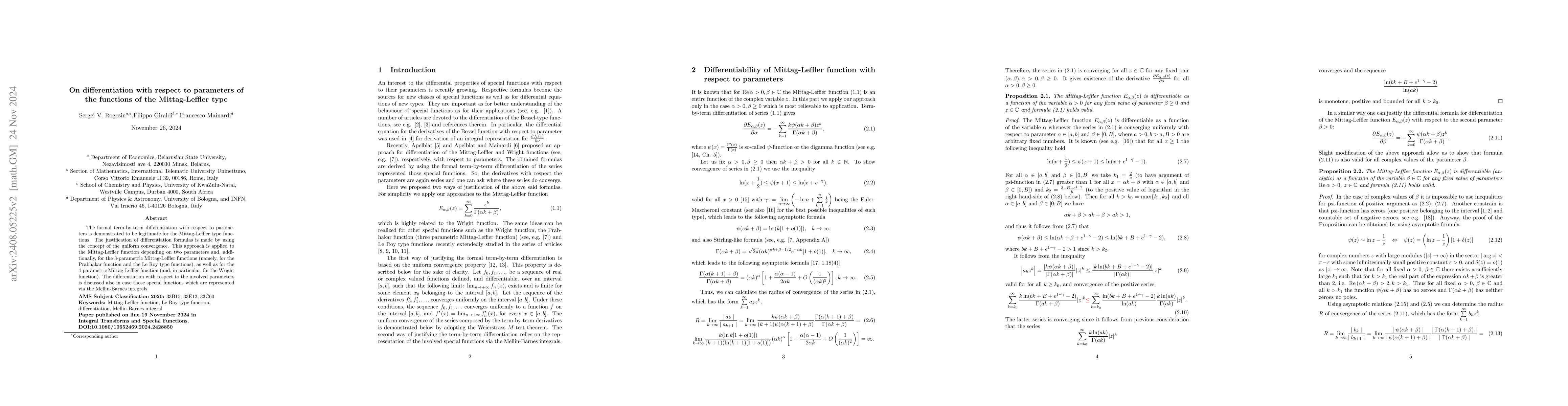 Thumbnail for On differentiation with respect to parameters of the functions of the
  Mittag-Leffler type