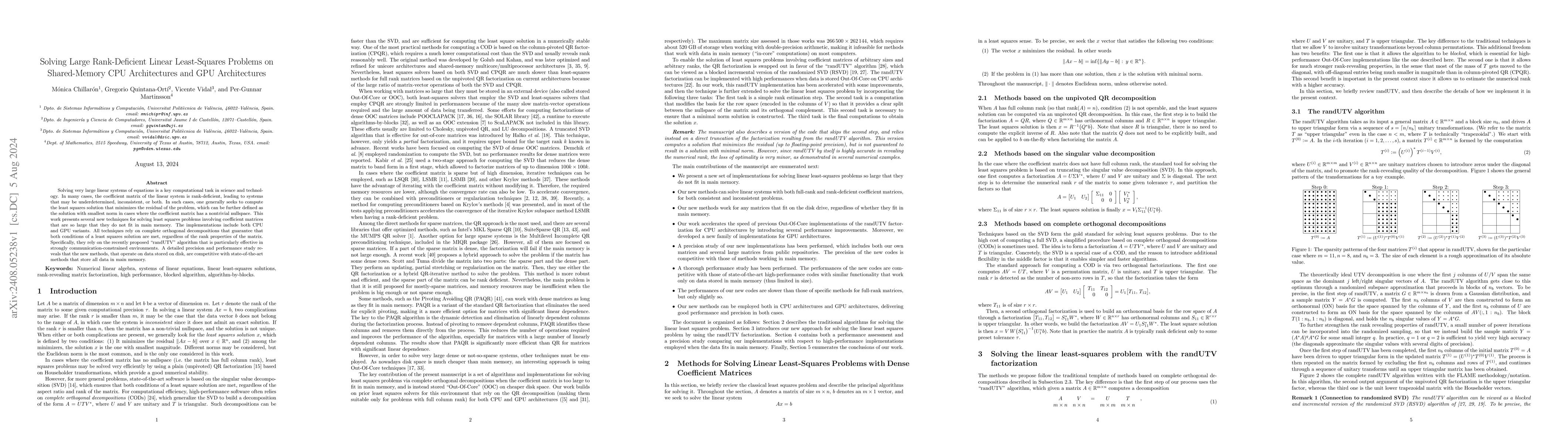 Thumbnail for Solving Large Rank-Deficient Linear Least-Squares Problems on
  Shared-Memory CPU Architectures and GPU Architectures