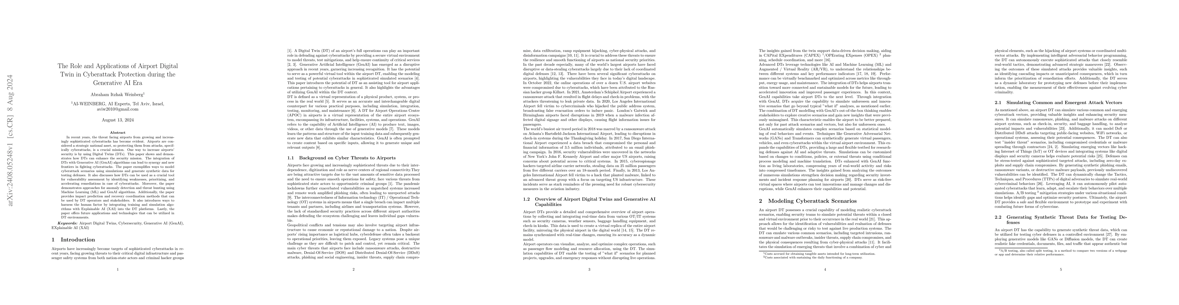 Thumbnail for The Role and Applications of Airport Digital Twin in Cyberattack
  Protection during the Generative AI Era