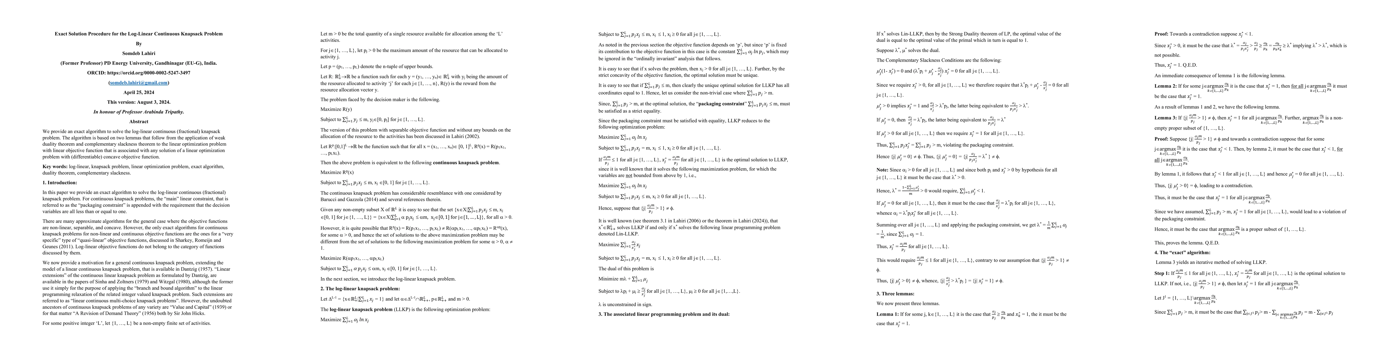Thumbnail for Exact Solution Procedure for the Log-Linear Continuous Knapsack Problem