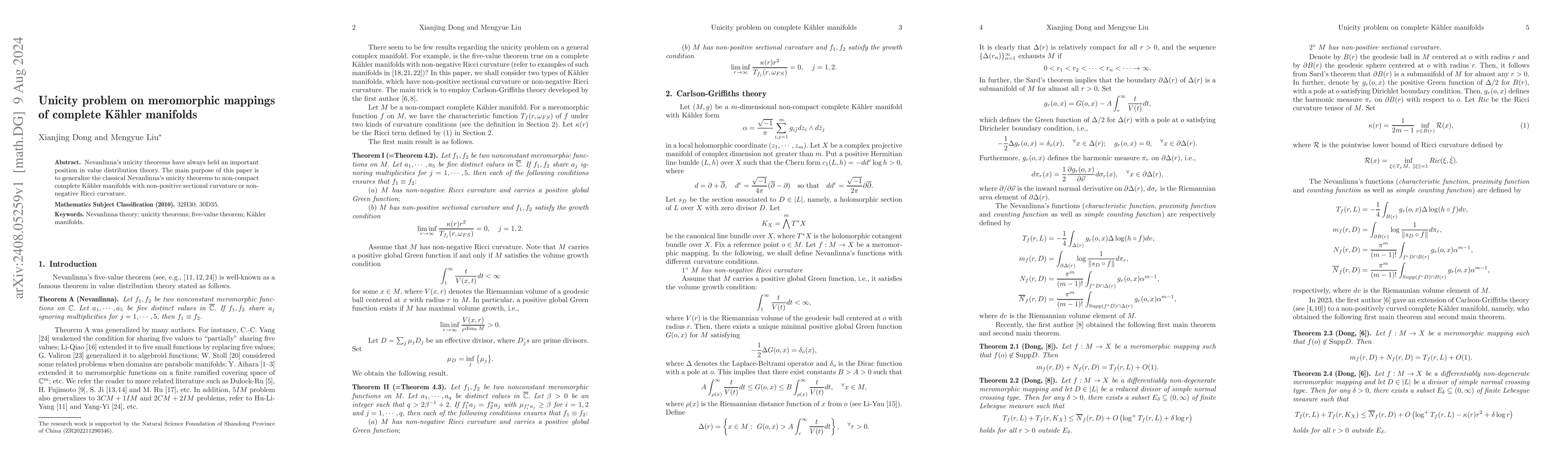 Thumbnail for Unicity problem on meromorphic mappings of complete Kahler manifolds