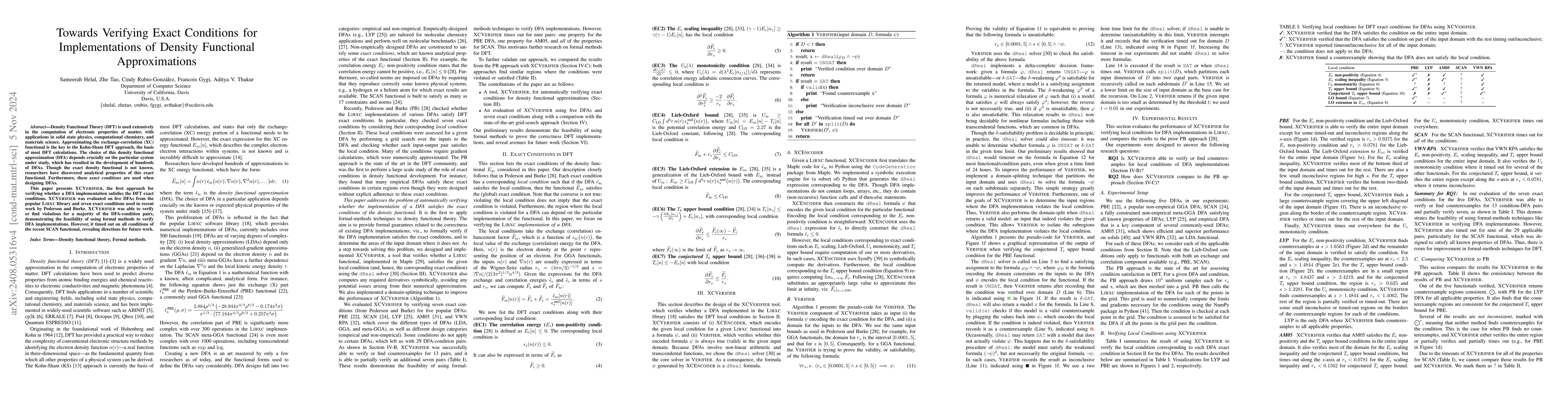 Thumbnail for Towards Verifying Exact Conditions for Implementations of Density
  Functional Approximations