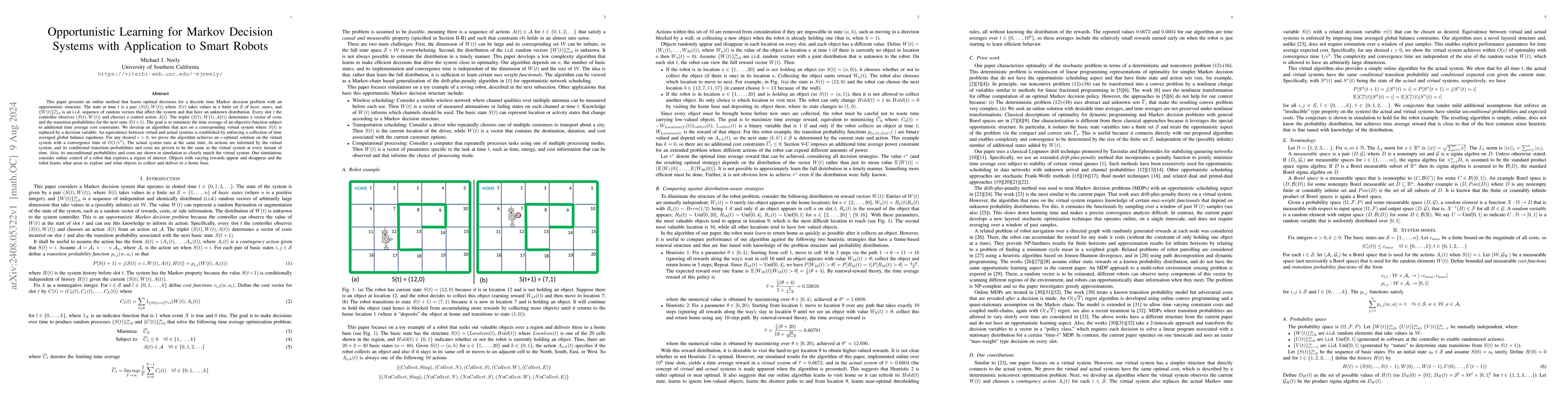 Thumbnail for Opportunistic Learning for Markov Decision Systems with Application to
  Smart Robots