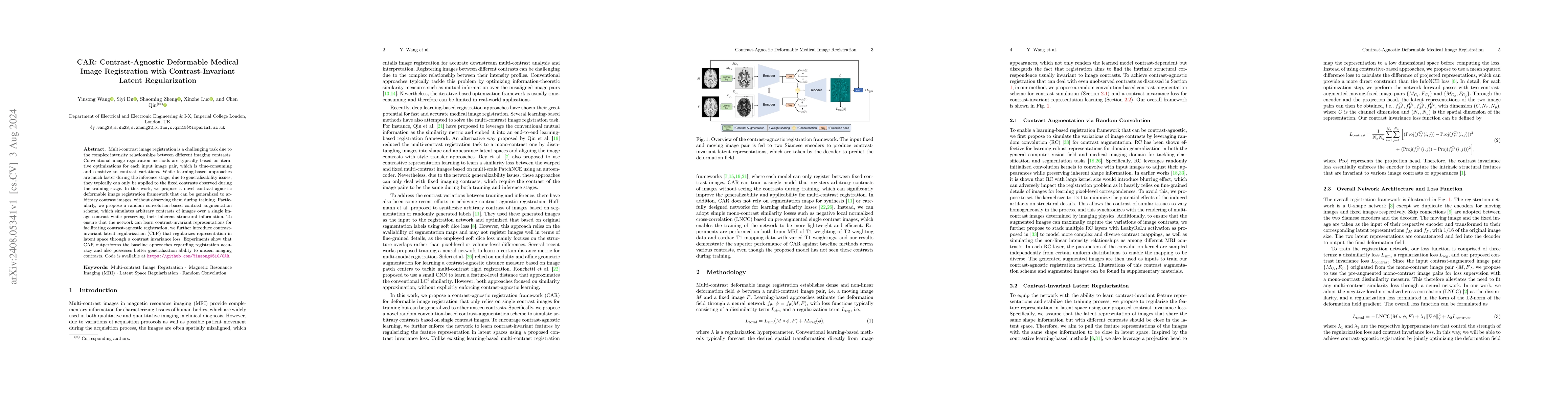 Thumbnail for CAR: Contrast-Agnostic Deformable Medical Image Registration with
  Contrast-Invariant Latent Regularization