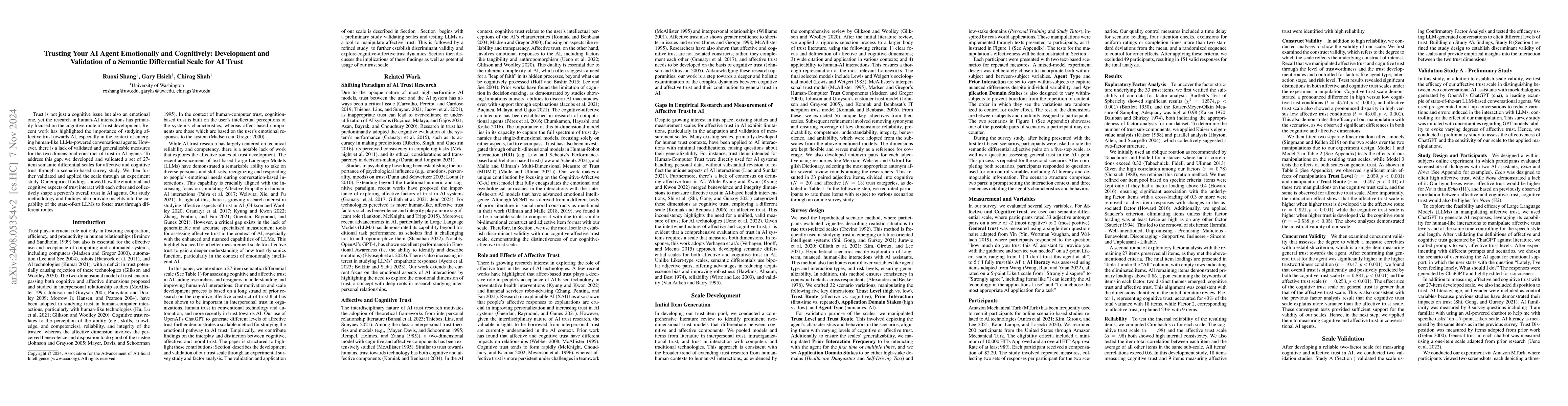 Thumbnail for Trusting Your AI Agent Emotionally and Cognitively: Development and
  Validation of a Semantic Differential Scale for AI Trust