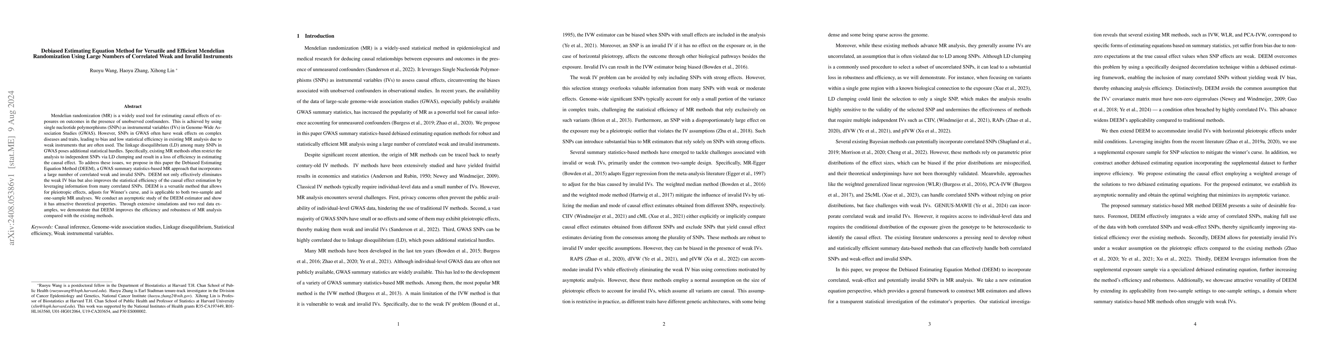Thumbnail for Debiased Estimating Equation Method for Versatile and Efficient
  Mendelian Randomization Using Large Numbers of Correlated Weak and Invalid
  Instruments