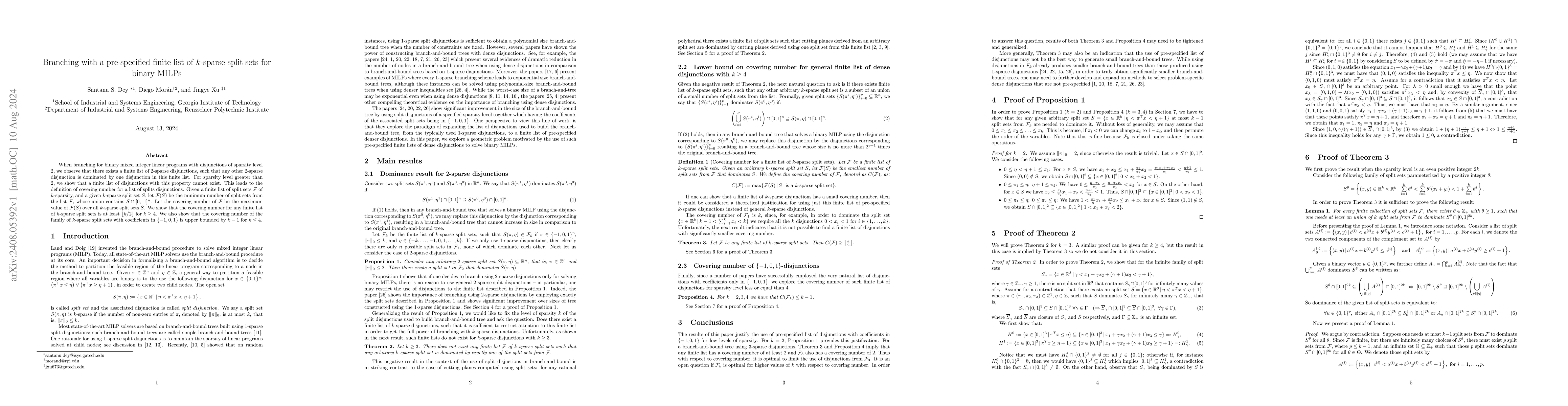 Thumbnail for Branching with a pre-specified finite list of $k$-sparse split sets for
  binary MILPs