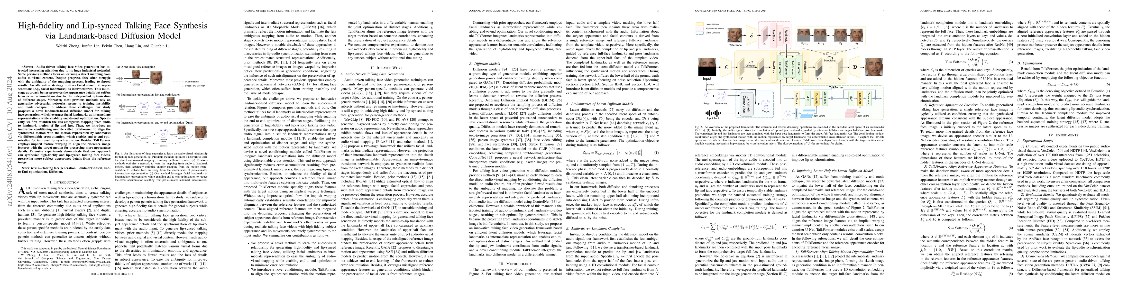 Thumbnail for High-fidelity and Lip-synced Talking Face Synthesis via Landmark-based
  Diffusion Model
