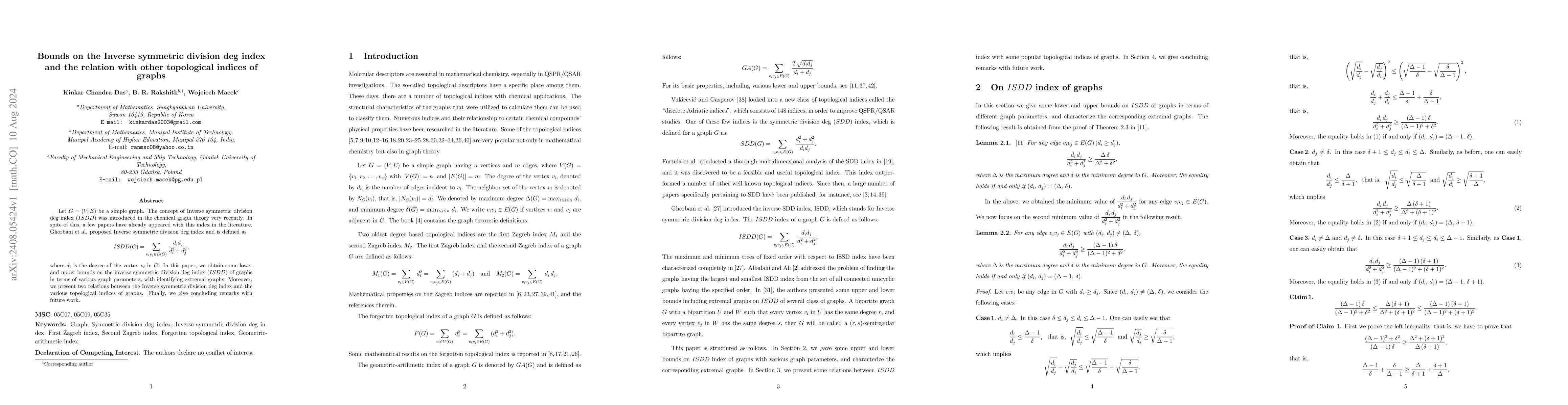 Thumbnail for Bounds on the Inverse symmetric division deg index and the relation with
  other topological indices of graphs