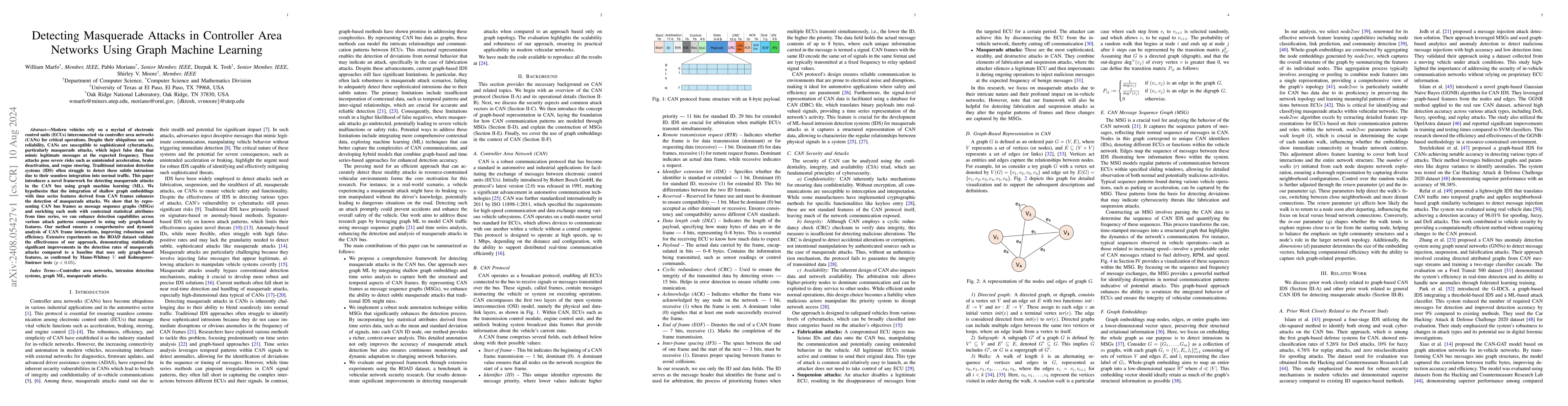 Thumbnail for Detecting Masquerade Attacks in Controller Area Networks Using Graph
  Machine Learning