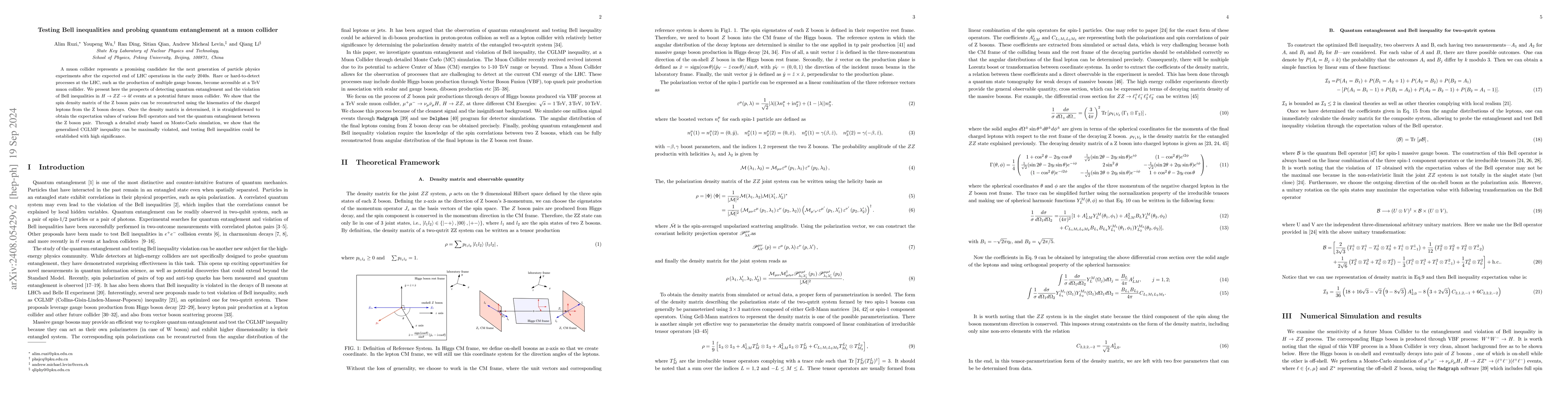 Thumbnail for Testing Bell inequalities and probing quantum entanglement at a muon
  collider