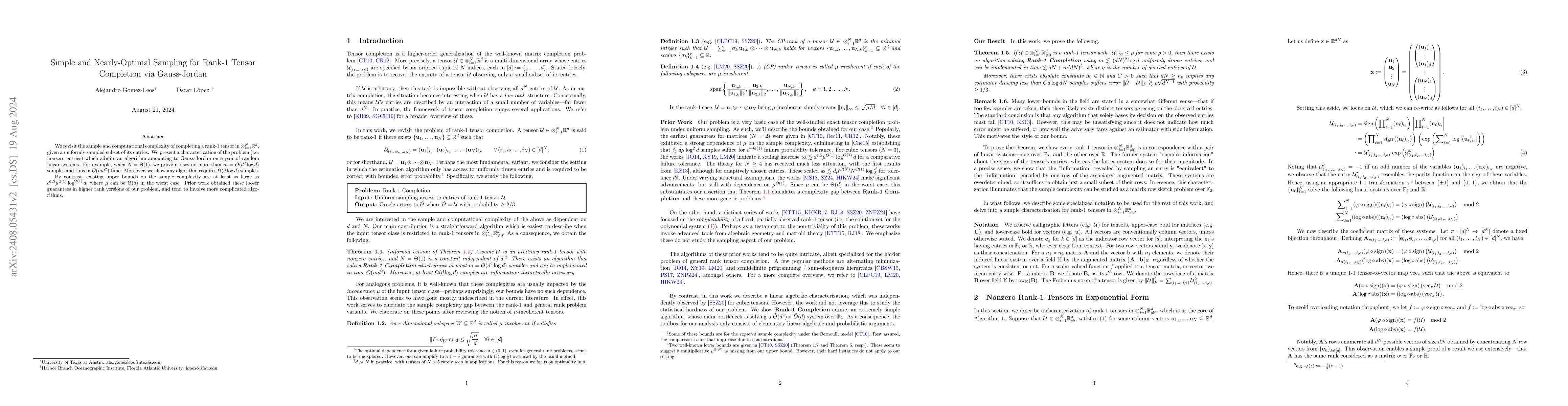 Thumbnail for Simple and Nearly-Optimal Sampling for Rank-1 Tensor Completion via
  Gauss-Jordan