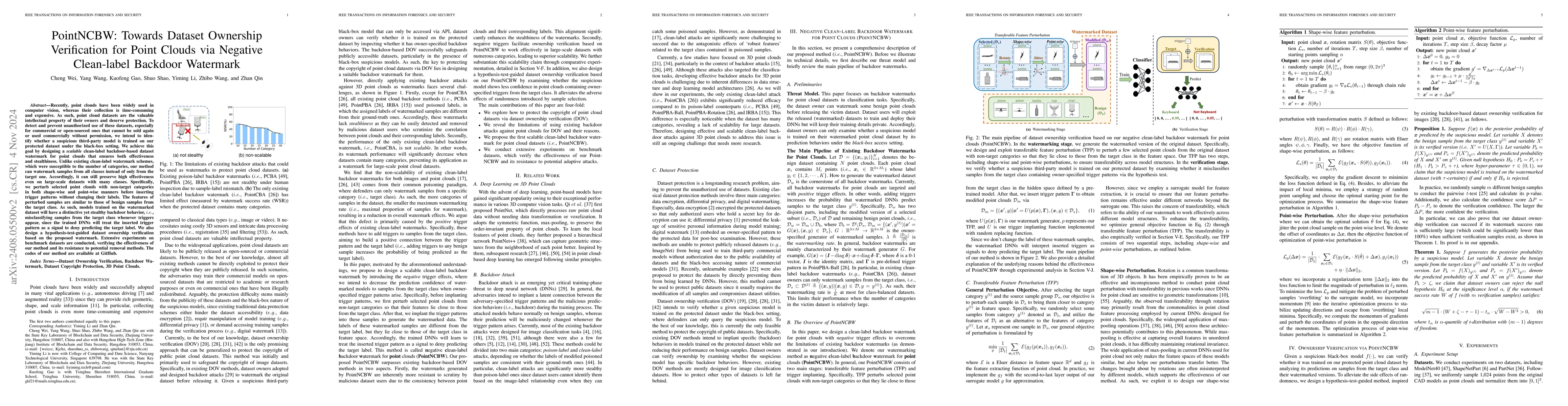 Thumbnail for PointNCBW: Towards Dataset Ownership Verification for Point Clouds via
  Negative Clean-label Backdoor Watermark