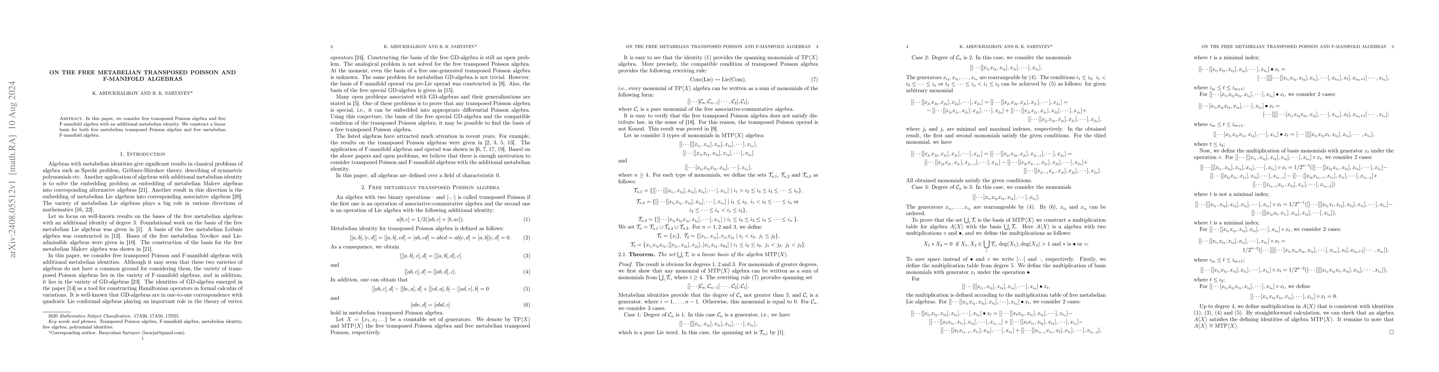 Thumbnail for On the free metabelian transposed Poisson and F-manifold algebras