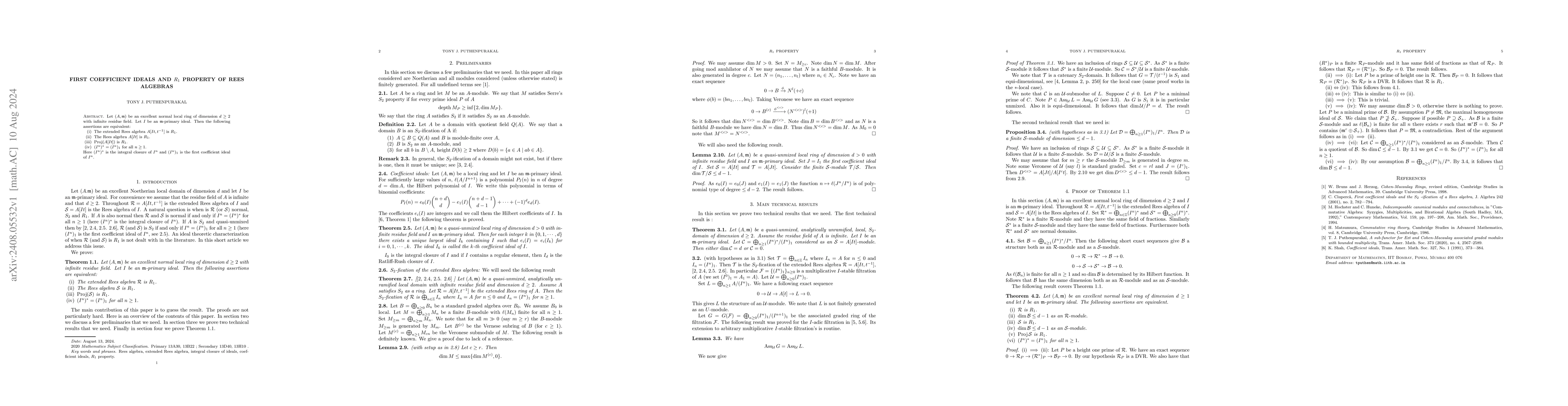 Thumbnail for First Coefficient ideals and $R_1$ property of Rees algebras