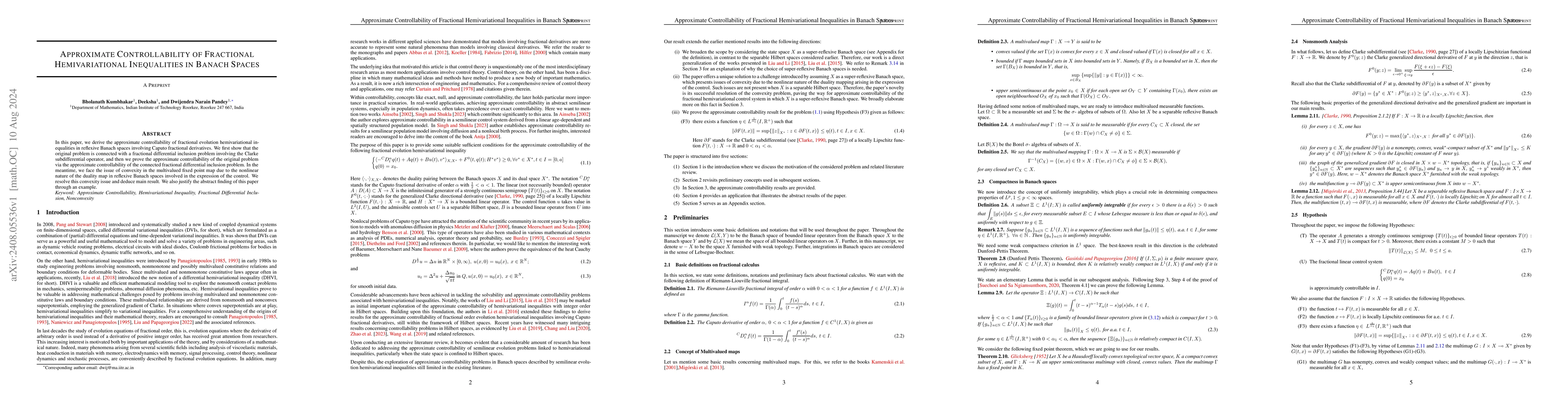 Thumbnail for Approximate Controllability of Fractional Hemivariational Inequalities
  in Banach Spaces